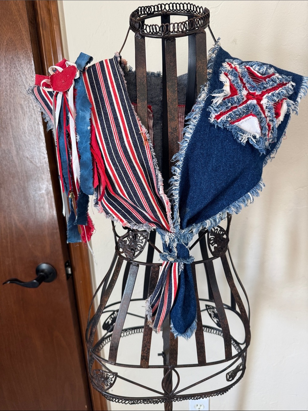 Vintage Handmade Red, White & Blue Denim Bandana Scarf